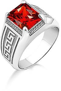 BySilverStone Jewelry Roter Rubin-Herrenring Aus Silber Mit Graviertem Mäander, Herrenring Mit Rotem Rubinstein Aus 925Er Silber, Herren-Edelsteinschmuck Für Den Alltag