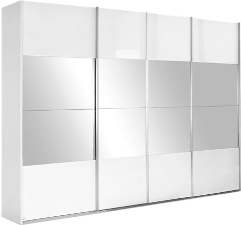 Schwebetürenschrank Kleiderschrank Schlafzimmerschrank | 4-türig | Dekor | Weiß Hochglanz | mit Spiegel | 316x230x62 cm