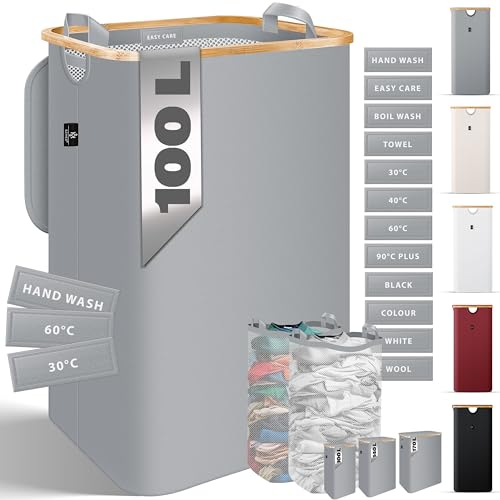 KESSER® Wäschekorb mit Deckel faltbar 100 Liter Wäschebox Wäschetruhe Wäschekorb Wäschetonne | Wäschesammler mit 2x herausnehmbaren Wäschesäcke | Wäschesortierter inkl. Waschhinweisen Grau
