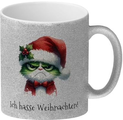 Weihnachtsmuffel-Katze Glitzer-Kaffeebecher und Spruch Ich hasse Weihnachten! Lustige Weihnachtstasse für Katzenfans im Grinch-Style mit Nikolausmütze, beliebtes Festmotiv in Grün