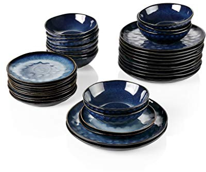 Set di piatti piani Set da tavola Set da tavola in ceramica effetto vintage rosso, 36 pezzi, in gres, con piatto piano, piatto da dessert, ciotola