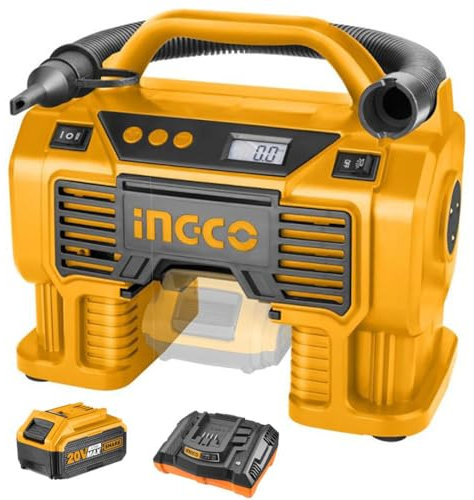 Ingco Cacli20024ahman Compressore a Batteria 20 V Gonfiaggio Gomme Auto Gonfiabili con una Batteria 4 ah Cavo 12 V e Luce Led