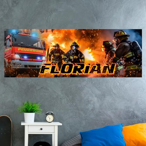 tjapalo® vz98 Bilder Kinderzimmer Poster mit Namen Kinderzimmer Wandbild Feuerwehr Auto Bild Kinderzimmer Feuerwehr Poster Feuerwehrbild Feuerwehrbilder, Größen Name: B160xH58cm