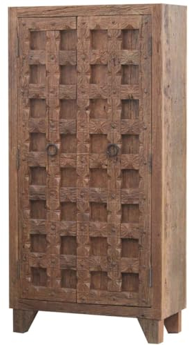 Orientalischer Schrank Midelt 90x40x180 cm (B/T/H) aus Massivholz & Altholz geschnitzt Kolonial-Stil | Echtholz Hochkommode | Vintage Kleiderschrank | CAC70760