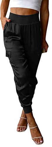 Satin-Hose mit elastischer Taille für Damen – hohe Taille, leger, Baggy-Jogginghose, einfarbig, weich, bequem, Damen-Sweathose mit Taschen, schmale Passform, Cargohose mit Bündchen am Knöchel, Schwarz