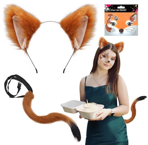SAIIURV 3-teiliges Fuchskostüm für Kinder und Erwachsene, Kunstfuchsohren, Stirnband, Fuchs, langer Schwanz, Fuchs-Gesicht, Tattoo-Aufkleber, Tier-Kostüm, Party, Verkleidung für Damen, Mädchen, Kinder