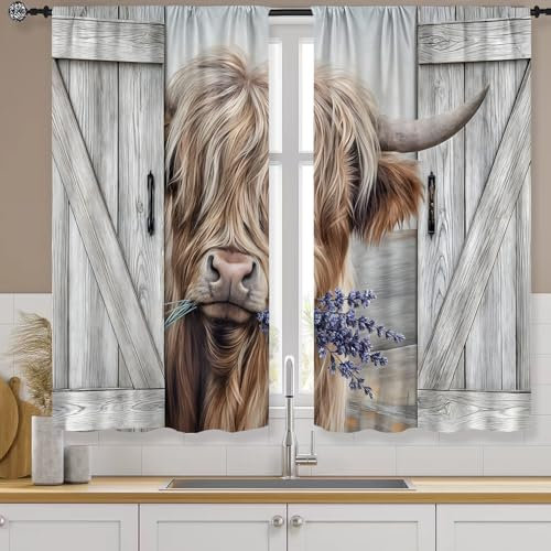 Famiffty Highland Cow Farmhouse Küchenvorhänge, 70 x 99 cm, 2 Paneele, Stangentasche, rustikale Stier-Landschaft, Scheunentür, kleine Kurze Café-Etagen, Fenstervorhänge, westliches Holz, Lavendel,