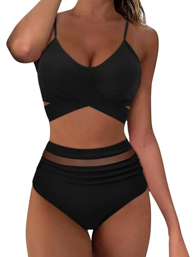 Super Bikini SonnendurchläSsiger Bikini Damen-Sommer-Bikini-Set mit V-Ausschnitt, Ausschnitt und Einsätzen Bandeau Strandkleid Damen GroßE GrößEn (Black, M)