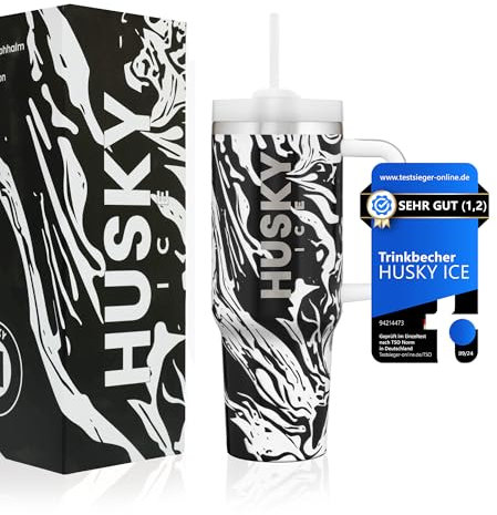 HUSKY ICE Thermobecher mit Strohhalm und Griff [24h Eiskalt] 1.2 Liter Cup - Trinkbecher mit Deckel und Strohhalm - Kaffebecher – Isolierbecher & Thermos (Schwarz bemustert)