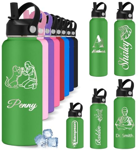 YoLLiEE Custom Personalised Water Bottles for Kids with Straw 12 18 24 32 40 oz Customised Engraved Insulated Stainless Steel Water Bottles with Name Photo, Green