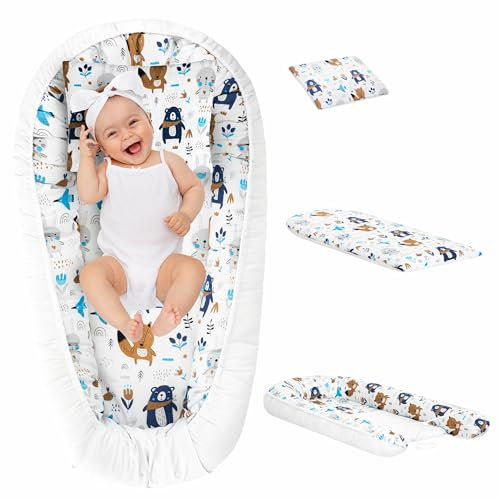 PillowPrim 3 teilig Babynestchen Set Babynest 94x53x10 - Multifunktionale Kuschelnest Babynest - Kokon für Babys und Säuglinge – antiallergisch - Wickelauflage Kuschelbett (Der Bär und der Fuchs)