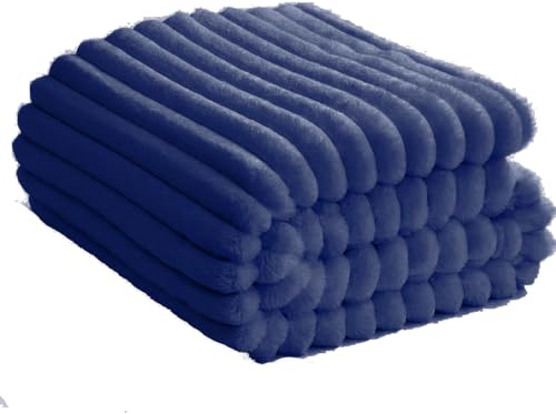 Soft Fleece Blanket Throws - Fluffy Warm Double King Luxury Osum Ribbed Throw for Bedroom, Sofa Couch, Night Bed Blankets (Navy, King (200x240 cm))