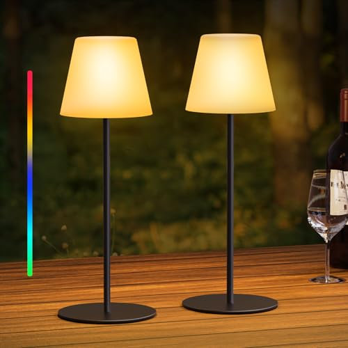 NNFREE-LIGHT Tischlampe Kabellos Dimmbare Warmweiß 3000K + RGB Led Akku Tischleuchte Wasserdicht IP44 Led Tischlampe für Garten Schlafzimmer Restaurant Balkon Hotel Party Camping Esstisch, 2 Stück