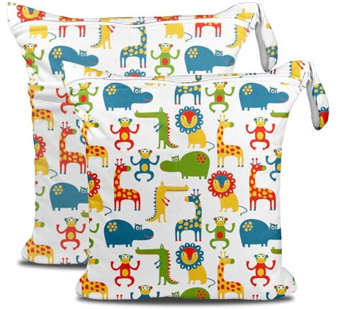 ROELLY Wetbag Kindergarten, 2-Teilige Nassbeutel Kindergarten, wasserdichte Waschbare Windelbeutel, Nass- und Trockentasche, Umweltfreundliche Wiederverwendbare Wetbags, Süße Kleine Tiere