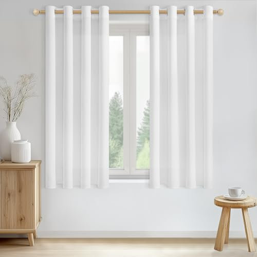CUTEWIND Gardinen Weiss Halbtransparent Kurz Fenster Vorhang Leinenoptik mit Ösen 160 cm Lang, 140 cm Breit, Vorhänge Weiß Ösenschal 2er Set für Wohnzimmer Schlafzimmer Linen Curtains