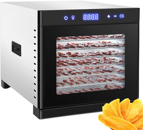 8 Trays Food Dehydrator, 700W Fruit Dryer Machine with Smart Touch and Visual Window, 35-75℃ Setting and 24 Hour Timer, Stainless Steel Dehydrator for Jerky, Fruits, Vegetables, Pet Treats