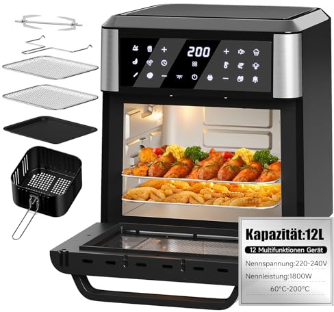 Heißluftfritteuse 12L mit LED-Touchscreen,12 Kochprogramme,Heißluftfritteuse mit drehfunktion,Temperaturregelung 60-200°C,Airfryer XXL mit 6 Zubehör,Heißluftofen, Minibackofen