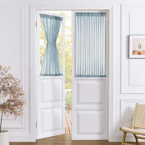Tollpiz Short, Sheer Door Curtains, Linen Texture, Translucent, Light Filtering, Voile, Patio Door, Rod Pocket, French Door, 54 x 40 Long, Dust Blue, 1 Panel