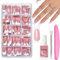 French False Nails - 240 Pcs Coffin Press on Nails Set - Fake Nail Nude Color French False Nail Kit - Full Cover Stick on nails Ballerina Nail Art Manicure for Girls Women