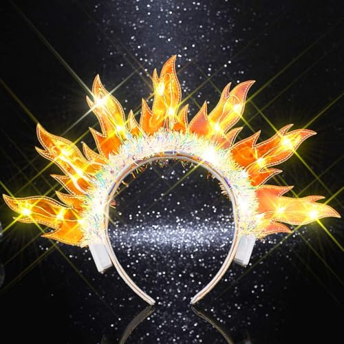 Handcess Light up Fire Headband Festival LED Flame Hair Band Glowing Costume Hair Hoop Party Rave Hair Accessories for Women