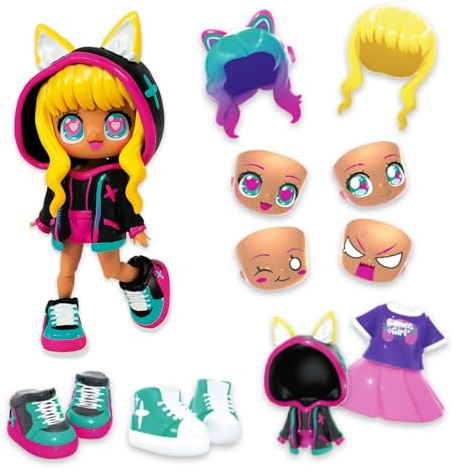 BANDAI - Animakii Cyberpunk und Gamerin - Set Personalisierbare Puppen - 1 Puppe, 4 Gesichter, 2 Frisuren, 2 Outfits, 2 Paar Schuhe - Kreatives Spielzeug ab 5 Jahren - HEA26350