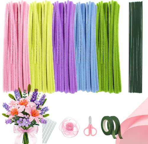 Fairblo 500 Piezas Limpiapipas Manualidades Rosa Amarillo Azul Morado y Verde Limpia Pipas Kit con Cinta Floral Alambre de Tallo Floral Papel de Regalo y Cinta Limpia Pipas para Hacer Lirios
