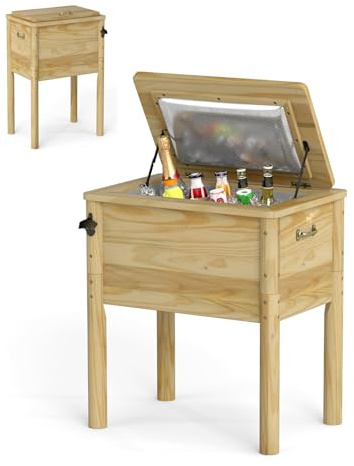 SOARS Frigorifero per rotelle, 51 l, bar all'aperto mobile 67 x 47 x 74 cm, tempo di mantenimento 2-4 ore, materiale in legno di pino solido, per giardino, terrazza, piscina, bistrot, naturale