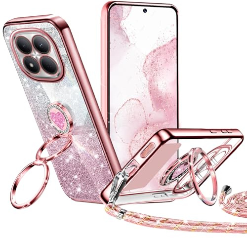 Tawarror Coque Glitter pour Xiaomi Redmi Note 15 Pro Plus 5G avec Cordon, Silicone TPU Étui en Galvanisé avec Double Anneau Support，Réglable Lanyard Pailleté Antichoc Motif Coeur Etui, Rosa