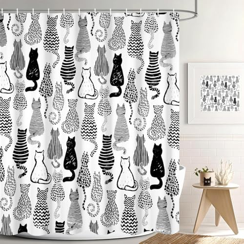 GCIREC Duschvorhang, 180x180cm, Niedlich Katzee Lustige Schwarz Weiße Cartoon Katze Wasserdichter Stoff Maschinenwaschbarer Badezimmervorhang mit Haken