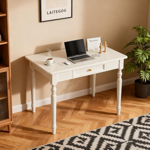 LAITEGOG Holz Kleiner Schreibtisch mit 2 Schubladen, 60 cm breit Computertisch, Arbeitstisch zum Studieren und Schreiben, Massives Gummibaumholz,Vintage für Büro und Home-Office(White,80x60x75cm)