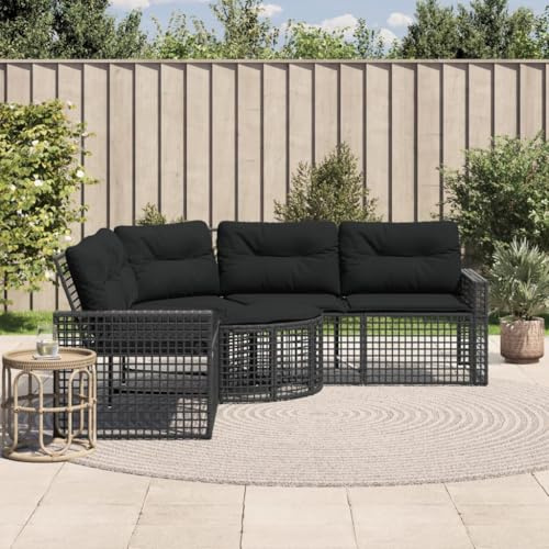 Frdhee Gartenmöbel Set Balkon Möbel Gartensofa,Gartensofa in L Form mit Kissen und Fußbank Schwarz Poly Rattan,Für Garten Und Balkon