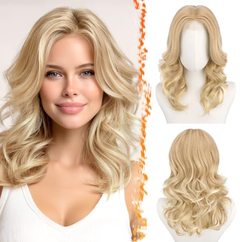 BARSDAR Kurze Gewellte Honigblond Perücke, Schulter Lange Blond Perücken für Frauen Kurze Lockere Wellen Layered Perücke mit Curtain Pony Weiche Synthetik Natürlich Aussehend Alltag Party