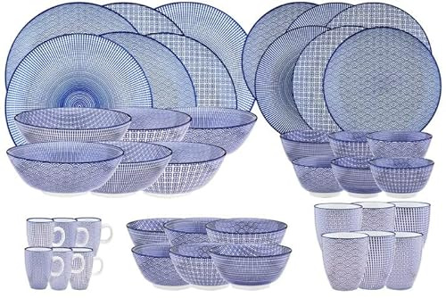 BJORN Geschirrset 6 Personen – Hochwertiges glasiertes Porzellan Tafelservice – Kollektion PATTERN Dark Blue – Modernes Mix & Match Geschirr