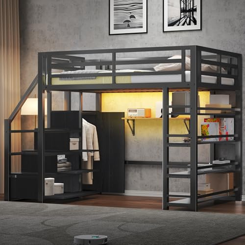 BTM Jugendbett 140 x 200 cm Metall LED Hochbett mit Schreibtisch und Schrank, Kinder Hochbett mit Treppe, Schwarz