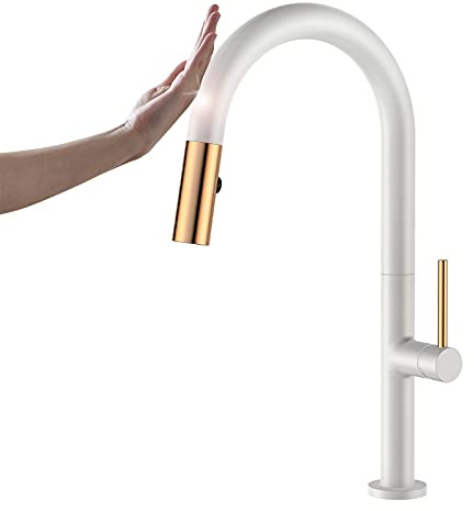 Robinet de cuisine tactile, mitigeur en laiton, pulvérisateur à tirette, robinet d'évier, rotation 360°, activé par le toucher, blanc