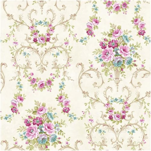 YöL Purple Floral Wallpaper Blue Teal Scroll Design Warm Ivory Vintage Flower Wall Covering for Bedroom Living Room Dining Room Feature Wall Decor Classic Style