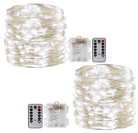 Feenhafte Lichterketten mit Fernbedienung, [2Pack 33Ft] Vikdio Wasserdichte 100 Leds Sternenlichter 8 Modi Batteriebetriebene Silberdraht Lichter für DIY Hochzeit, Schlafzimmer, Garten (Weiß)