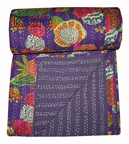 Kiara Indische Vintage-Tagesdecke, Ethno-Baumwolle, Frucht-Design, Kantha, Tagesdecke, Patchwork, Steppdecke, Doppel-/Queen-Size-Größe (lila, Twin)