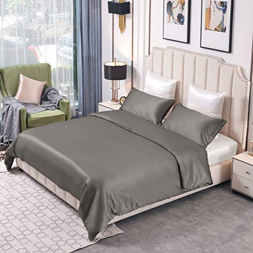 THXSILK 25 Momme Seidenbettwäsche Set 3 teilig, Bettbezug 240 x 220 cm und 2 Kissenbezüge 40 x 80 cm, Hypoallergen Maulbeerseide Bettwäsche Set, Ultra Weich und Glatt, Holzkohle