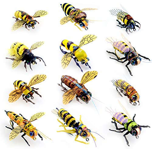 YAZHIDA Fliegen-Set – Wild Bee Flight Serie C: 12 Trockenfliegen, Nadelspitze, Edelstahlhaken, Einheitsgröße, Forellen- & Barschangel