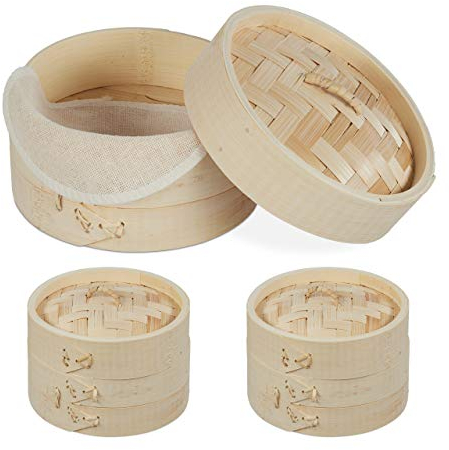 Relaxdays cuiseur vapeur bambou lot de 3, trois paniers asiatiques, 1-3 étages, riz, bamboo steamer Ø 13,5 cm, nature