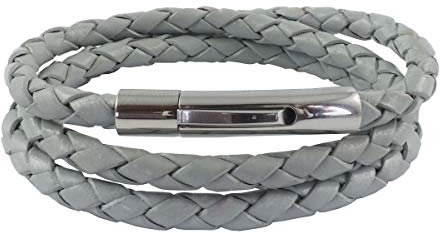König Design Lederkette Lederband Leder-Armband 4 mm Herren Halskette Hell-Grau 50 cm lang mit Hebeldruckverschluss geflochten