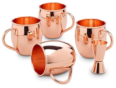 Echtwerk Kupferbecher-Set, Edelstahl-Gläser, Cocktail-Set, Cocktailgläser perfekt für Gin, Vodka, Bier und Kaltgetränke, Geschenkset, 4x Kupferbecher 500 ml, 1x Jigger 2 cl/4 cl, Silber