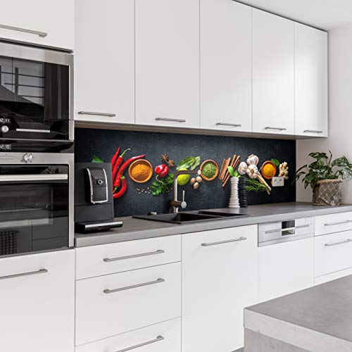 Dedeco Küchenrückwand Motiv: Gewürze V2, 3mm Acrylglas als Spritzschutz für die Küchenwand Wandschutz Dekowand wasserfest, 3D-Effekt, alle Untergründe, 220 x 60 cm