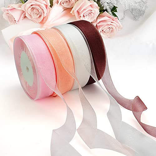 ANTHYTA 4 Rolle Weihnachten Organzaband Chiffonband 2,5cm x 45m Schleifenband Geschenkband Organza Dekoband Satinband Organza Hochzeitsband Organza Bänder für Weihnachten Blumensträuße Hochzeit
