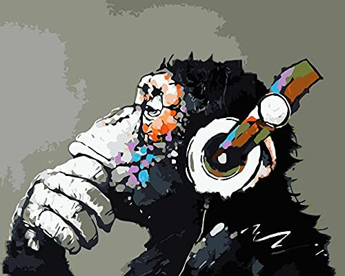 Artnapi Malen nach Zahlen Erwachsene mit Rahmen | DIY Handgemalt | Affe im Kopfhörer | Kit für Anfänger und Erwachsene | Set inklusive Acrylfarben & Pinsel | 40x50cm Leinwand | Ideal als Geschenk