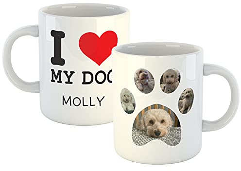 Personalised Mug I Love My Dog - Add Your Dogs Name and 5 Photos Inside a paw (11oz) Upload Your Own Images with Your Dog's Name - Custom Pet Gift for Birthdays, Christmas, Special Occasions