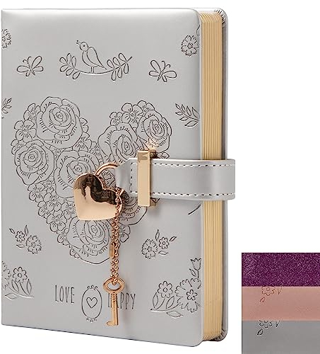 Heart Lock Journal Notebook mit Schlüssel, Glitzer Lila PU Leder Tagebuch, B6 Journal zum Schreiben, 144 Blatt liniertes Papier, Geschenk für Mädchen, Frauen (Blume Grau)