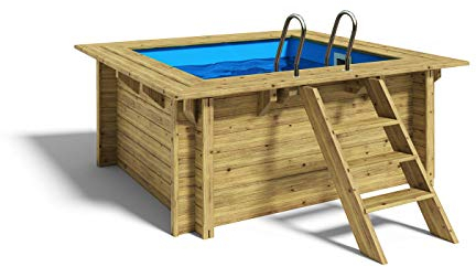 Paradies Pool® Holzpool Lulu Komplettset inkl. Filteranlage, Edelstahlleiter Tiefbecken, Blaue Folie mit 0,8mm Stärke, Viereck-Pool, 200 x 200 x 104, Menge: 1 Stück