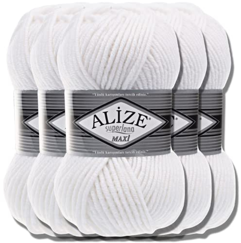 Alize 5 x 100g Superlana Maxi Türkische Premium Wolle Baumwolle und Acryl Uni Handstrickgarne | Yarn | Garn | Strickgarn Einfarbig Baby zum Häkeln Stricken Kleidung Schals (White | 55)